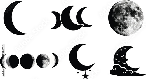 Moon silhouette vector icon set, Black moon silhouette shapes, Crescent moon phase silhouette, Night moon silhouette illustration, Simple moon shape silhouette.