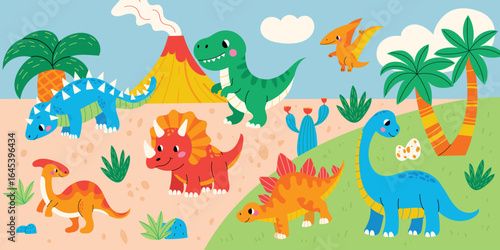 Cute dinosaurs in prehistoric landscape. Smiling prehistoric animals for kids: TRex, Triceratops, Stegosaurus, Brachiosaurus, Ankylosaurus,  Pterodactyl. Vector illustration on white background.