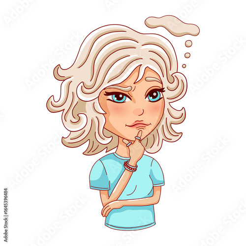 Female person thinks on white background. Vector illustration.