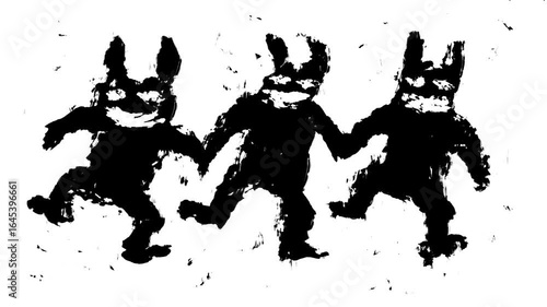 Funny blots monsters. Crazy 2D animation of dancing rabbits. Demon hares from the darkness. Scary animated frames in 4K. Creepy cartoon for Halloween. Looped VJ video clip. Black and white background.
