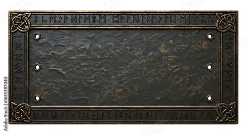 Realistic Antique Viking Bronze Nameplate with Runic Border Engravings and Hammered Metal Texture Isolated on Transparent Background No Text