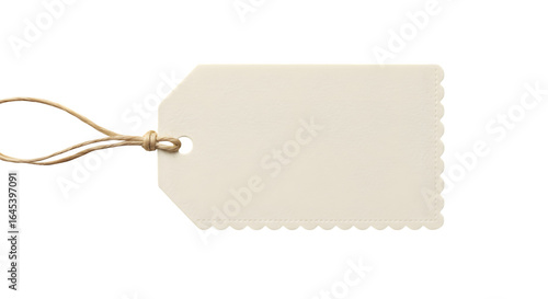 Cream paper tag mockup features string and scalloped edge on black. Great for branding, pricing, and product labels.