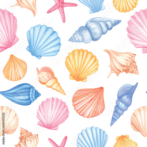 Vector seamless pattern with colorful pastel watercolor sea shells