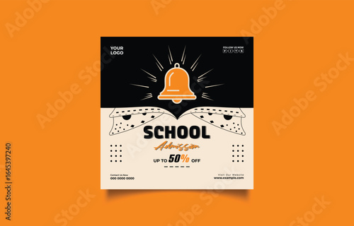 School Admission Promotion with 50 Percent Off a Vector Graphic and Notification Bell Image