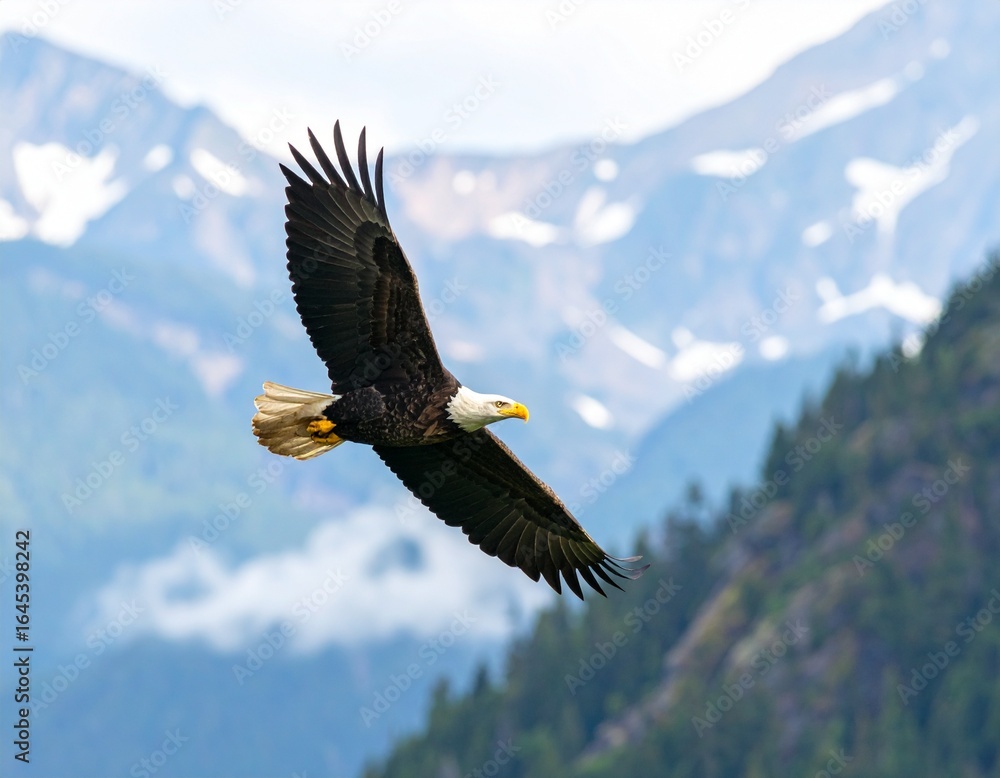 Naklejka premium Bald eagle soaring high above mountains, wings spread wide, golden beak and sharp ey