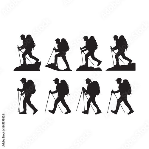 Silhouette of a hiker with a backpack and trekking poles isolated on white background