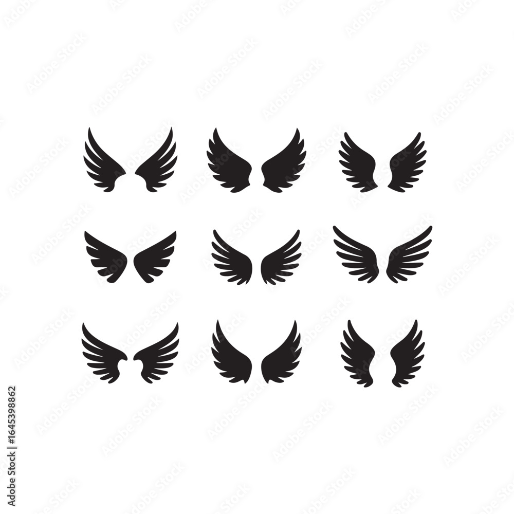 Collection of nine black angel wings isolated on white background Collection of nine black angel wings isolated on white background