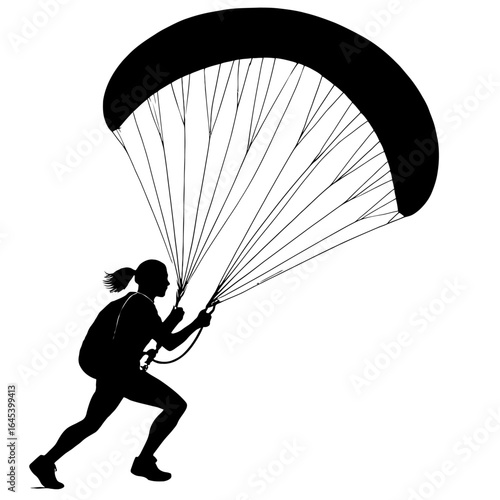 Dynamic Silhouette of a Woman Paragliding with an Open Parachute