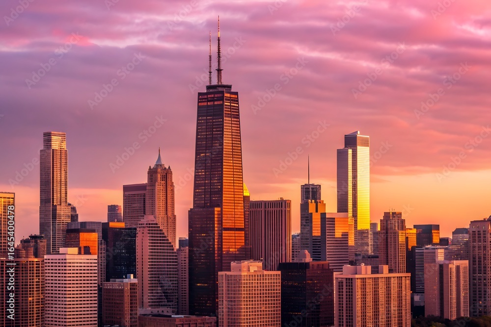 Fototapeta premium Chicago skyline at sunset with pink and purple clouds cityscape skyscrapers