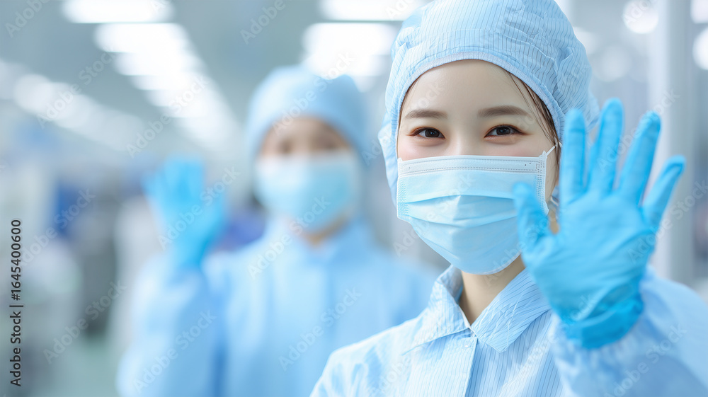青色ユニフォームで手を振る日本人女性 青色ユニフォームで手を振る日本人女性