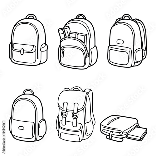 Black and white outline illustration of school backpacks and luggage perfect for coloring pages and educational materials depicting back to school themes