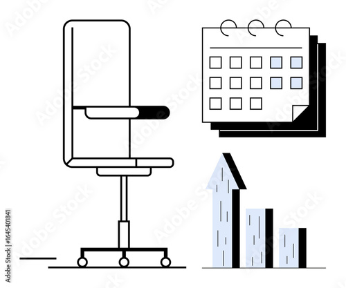 Office chair beside calendar with marked dates and upward arrow chart. Ideal for productivity, business planning, office setup, goal setting, organization, time management, simple landing page