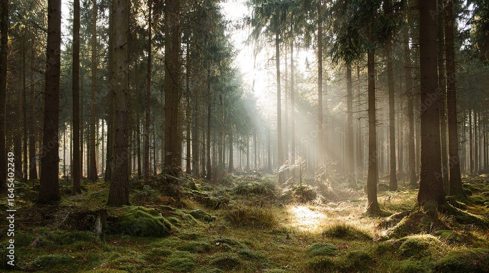 Obraz premium Rays of Sunlight in a Green Forest – Tall Trees, Sunbeams Filtering Through Leaves, Enchanting Serene Landscape with Lush Foliage, Captured in High Resolution