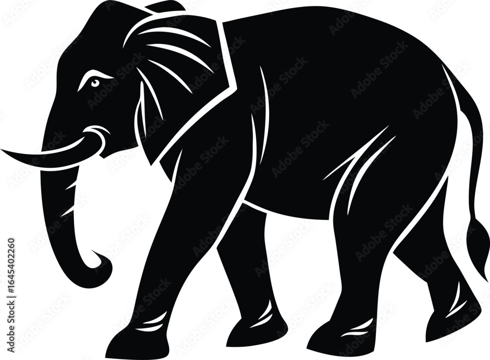 Fototapeta premium Vector illustration of a walking wild elephant with large tusks, a big trunk, and a white silhouette