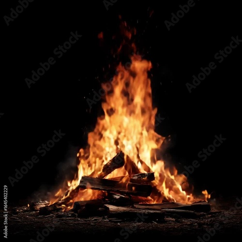 Bright orange campfire blazing in the dark with sparks and crackling flames