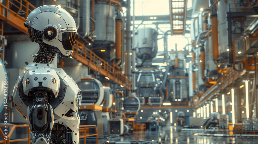 Fototapeta premium Futuristic robot in an industrial factory, suitable for technology, manufacturing, automation, and scifi concepts in design projects.