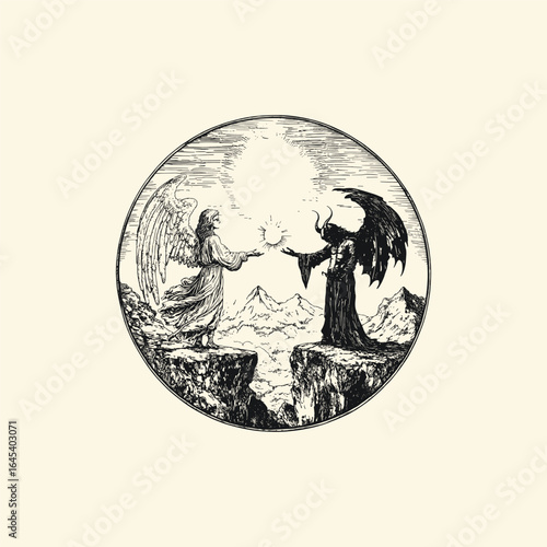 A dramatic engraving illustration of a medieval angel and devil standing on a rugged cliff