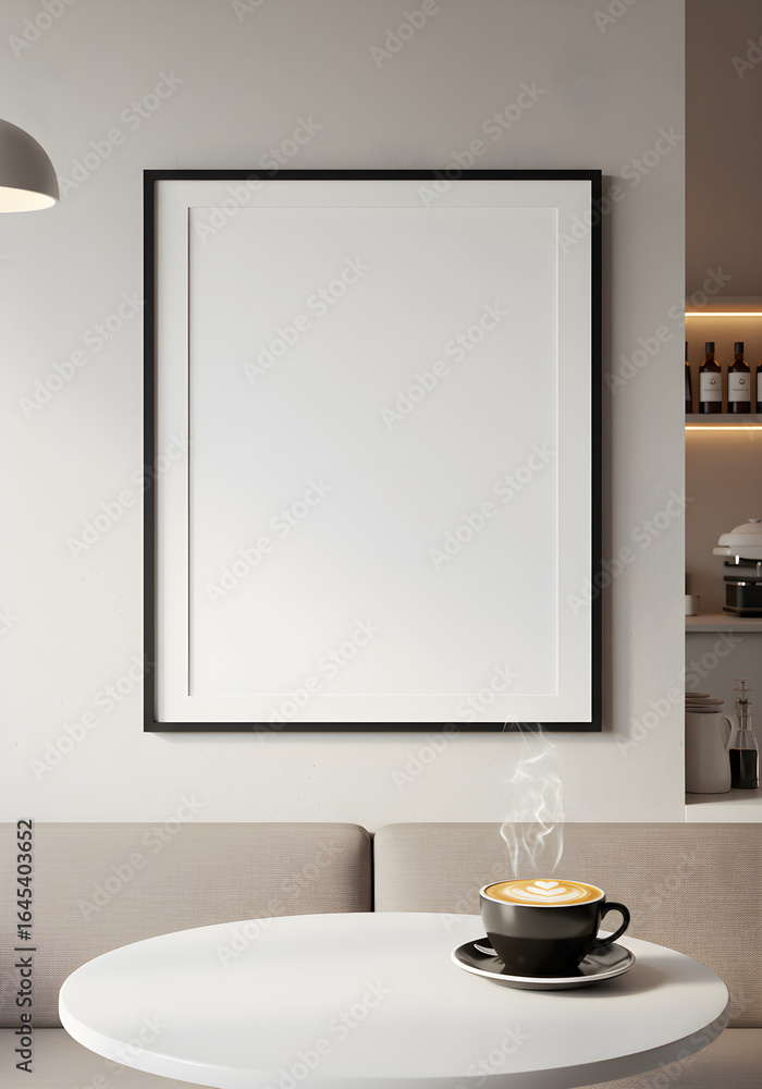 Obraz premium Modern cafe interior with blank poster and steaming cappuccino.
