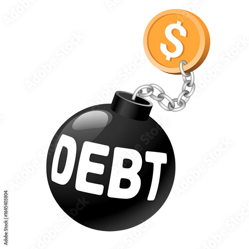 Debt ball chained to dollar coin symbolizing financial burden and money crisis  
