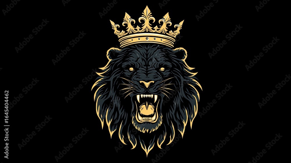 Fototapeta premium Fierce roaring black lion wearing an ornate golden crown symbolizing strength power and leadership on dark background