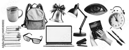 Pop art education concept halftone collage. Backpack, laptop, books, alarm clock, stationery, calculator, desk lamp. Retro vector illustration isolated on transparent.