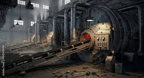 A dramatic shot of industrial machinery in a factory, with visible flames. The image captures the essence of industry, power, and technological advancement.