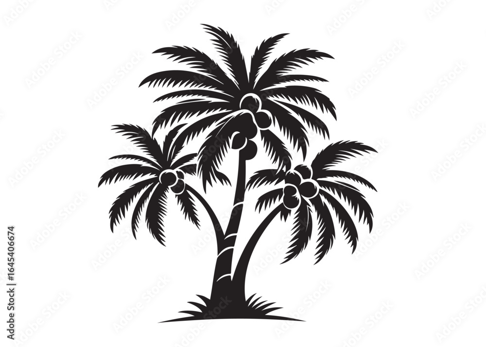 Fototapeta premium coconut tree logo silhouette vector, tropical palm tree silhouette vector logo design, palm tree summer logo vector illustration, palm tree summer logo silhouettes vector on white background