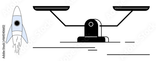 Rocket blasting off symbolizes innovation, while balanced scales represent fairness, equity, and judgment. Ideal for progress, equality, technology, science start-ups decision-making laws. Simple
