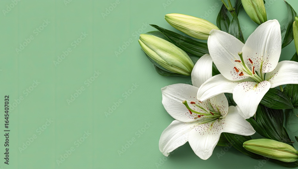 Fototapeta premium Elegant white lilies with green buds arranged on a pale green background, leaving ample space to the left