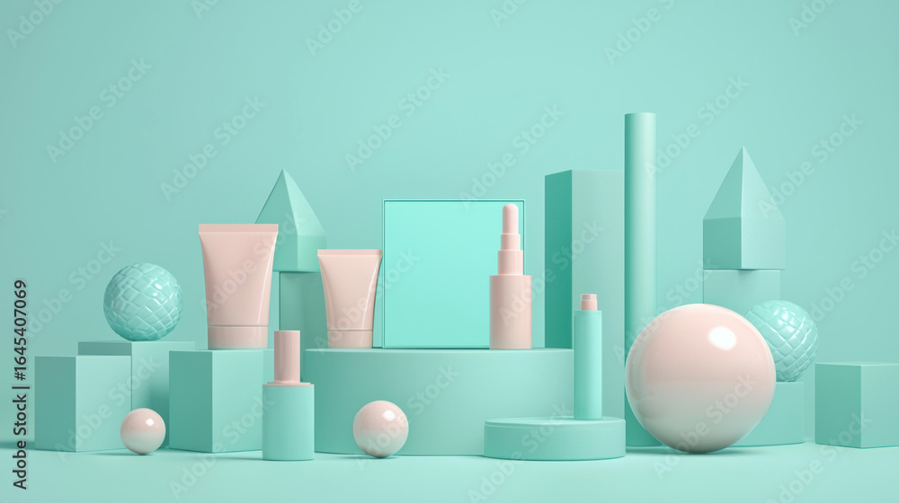 Fototapeta premium A horizontal cosmetic mockup, centered on a pastel turquoise surface.