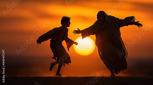 The prodigal son running into his father’s open arms, the father welcoming him with joy and compassion, a vivid scene of forgiveness, mercy, and unconditional love from the biblical parable.