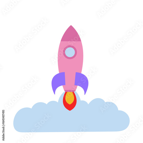 The rocket flies up. Cute rocket, spaceship. Vector simple color flat illustration.