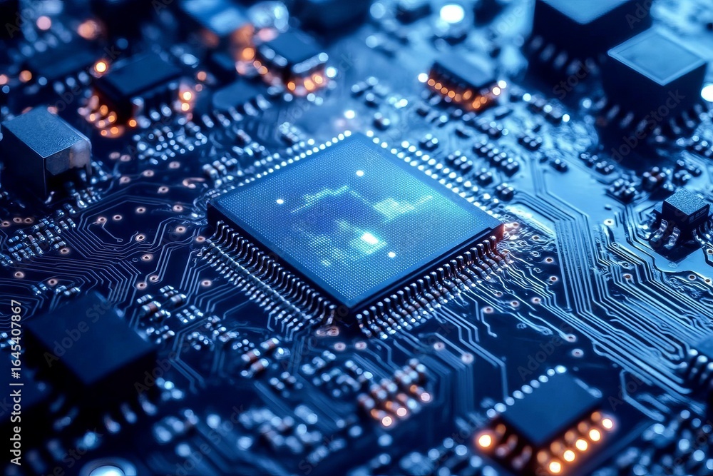 Close-up of a computer circuit board with a central processor chip Close-up of a computer circuit board with a central processor chip
