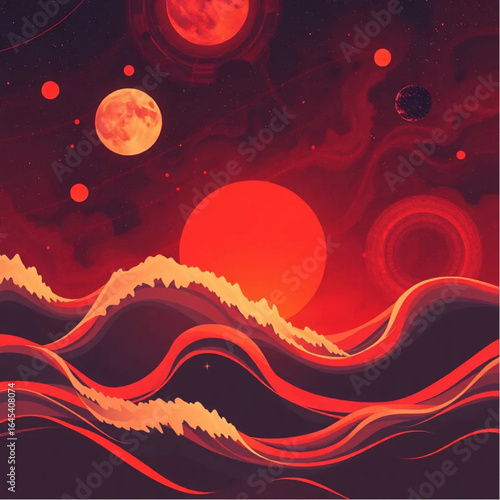 Space-inspired warm reds abstract waves illustration