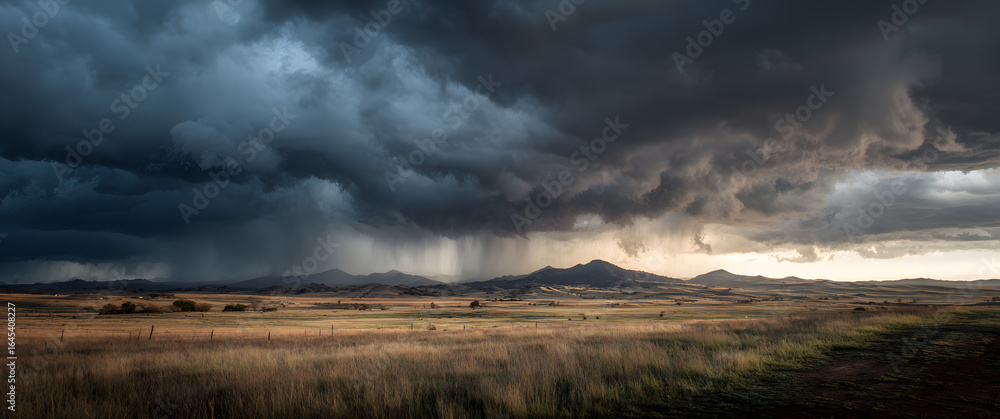 Obraz premium A dark storm cloud looms over a distant landscape