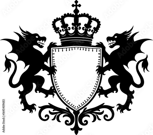 "Heraldic Shield Emblem with Crown and Dragon Supporters" vector graphcis