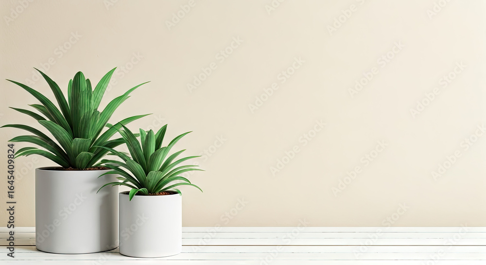 Fototapeta premium Two Green Potted Plants in White Pots on Wooden Table