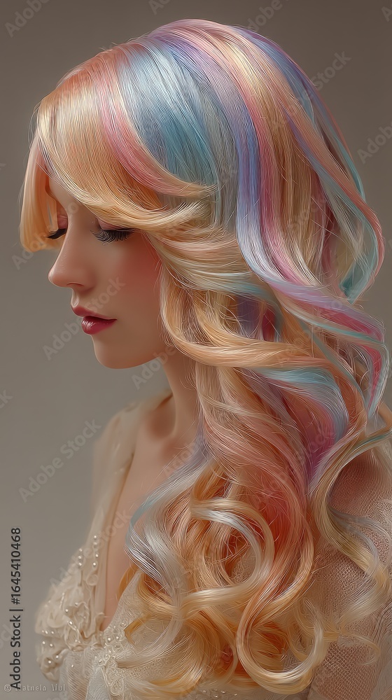 Fototapeta premium Pastel Rainbow Hair Woman Portrait Digital Art