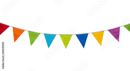 Rainbow pennant flags on a white string, floats on black background, is used for party themes, social media, and posters.