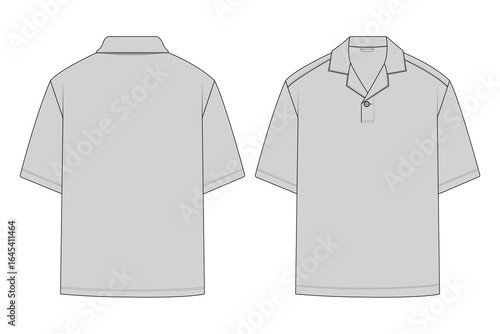 Revere Collar Polo Shirt Flat Sketch, Front and Back View,  Detailed fashion flat sketch of a revere collar polo with short sleeve, Front and back view, ideal for technical drawing purposes