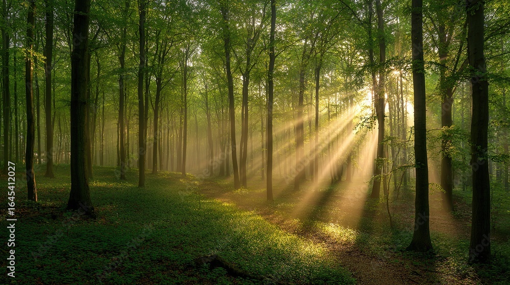 Obraz premium Rays of Sunlight in a Green Forest – Tall Trees, Sunbeams Filtering Through Leaves, Enchanting Serene Landscape with Lush Foliage, Captured in High Resolution