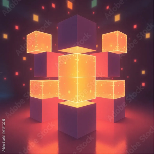 Pixel-inspired cosmic light geometric cubes render