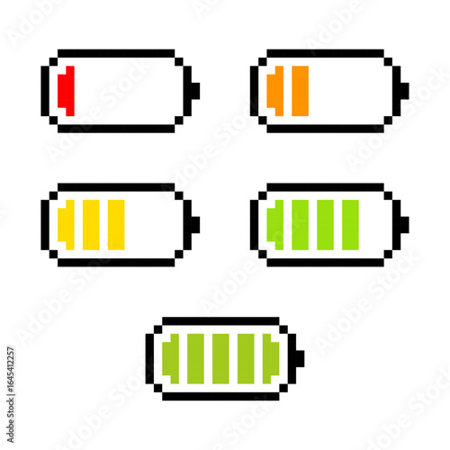 Battery icons, Pixel art battery level icons in various charge states, Pixel Battery Indicators, 8-Bit Power Icons, Retro Energy Level Graphic, Pixelated Charge Status Symbols, Pixel art.