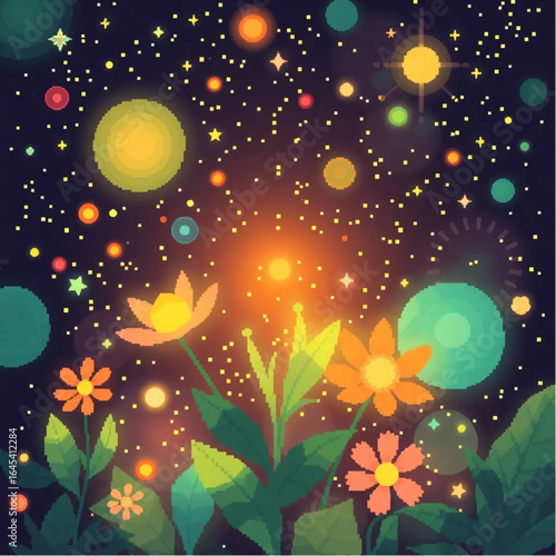 Pixel-inspired cosmic light botanical shapes texture