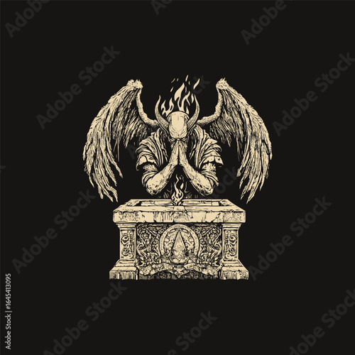 Flat vector engraving illustration of a medieval demon with horns and wings praying at a gothic altar
