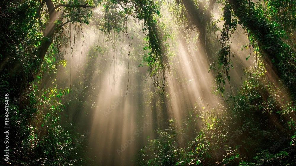 Obraz premium Rays of Sunlight in a Green Forest – Tall Trees, Sunbeams Filtering Through Leaves, Enchanting Serene Landscape with Lush Foliage, Captured in High Resolution