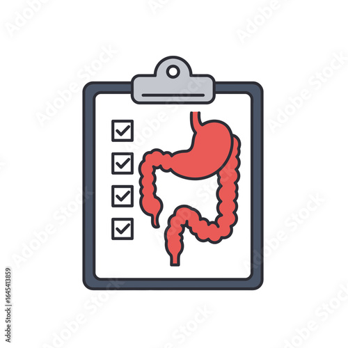 Gastrointestinal Health: A clinical clipboard features a detailed illustration of the digestive system alongside a list of completed check marks, representing optimal gut health.