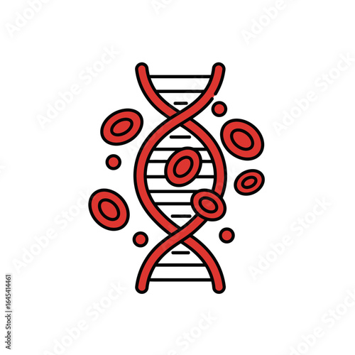 DNA Structure with Red Blood Cells: An artistic representation of a DNA double helix entwined with a scattering of vibrant red blood cells, depicting the very essence of life.