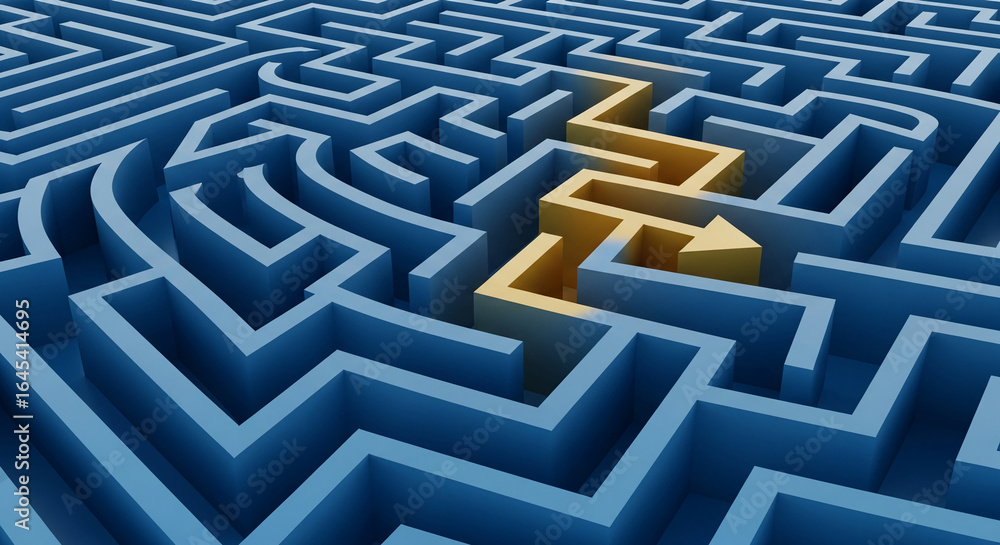 Blue maze with a yellow path showing the solution, symbolizing problem-solving, guidance, and finding the right direction Blue maze with a yellow path showing the solution, symbolizing problem-solving, guidance, and finding the right direction