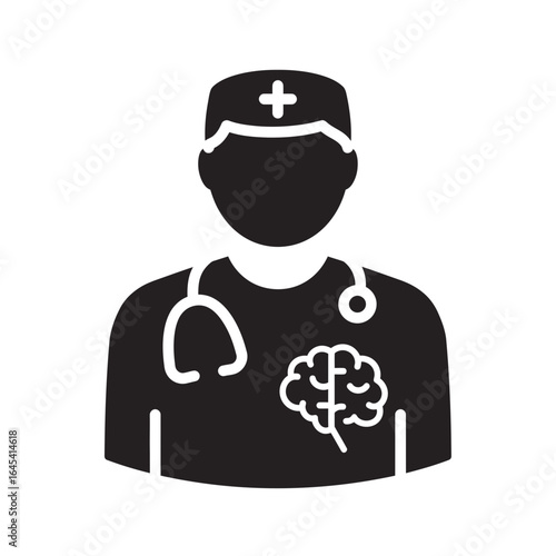 Brain Specialist: A silhouette medical doctor, adorned with a stethoscope, cap, and emblem, illustrates the dedicated profession. the doctor embodies knowledge, compassion, and commitment to healing.